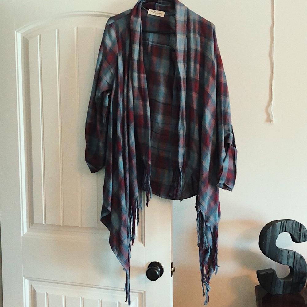 Purple & blue plaid cardigan w/ fringe! Worn once!